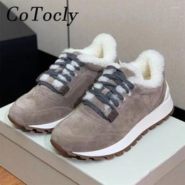 Casual Shoes Winter Wool Sneakers Women String Bead Cow Suede Patchwork Outdoor Running Lace Up Round Toe Sports Woman