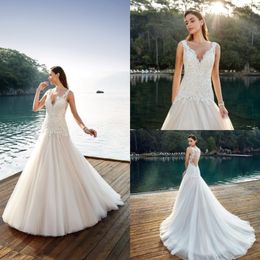 Eddy K Mermaid Wedding Dresses V Neck Lace Appliques Sweep Train Bridal Gowns Plus Size Beach Wedding Dress robe de mariee 157t