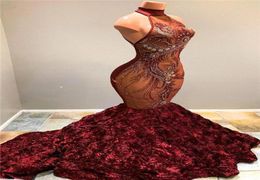 Burgundy Halter Lace Mermaid Long Prom Dresses Illusion Applique Beaded 3D Flowers Sweep Train Evening Gowns Vestidos De Festa BC18630511