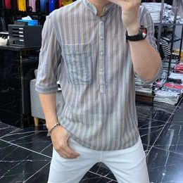 Men's Casual Shirts Summer Men T Shirt Fashion Striped Printed Single-breasted Half Sleeve Korean All-match Trend Male Clothes Top