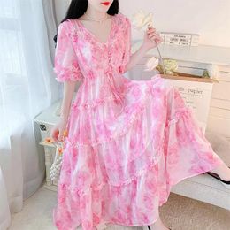 Party Dresses Pink Sweet Summer Dress Women Leisure Midi Gentle Temperament V-neck Vintage Fairy Chiffon Vestidos Designed A-line Holiday