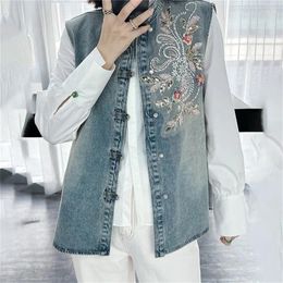 Women's Vests Versatile Lapel Short Denim Jacket For Women 2024 Spring Autumn Cothing Loose Retro Printed Jean Coat Beauty Fashion