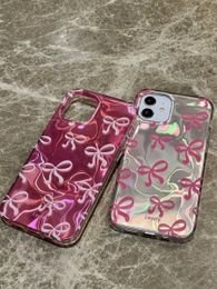 Cell Phone Cases Keychains Lanyards Ins Korean Simple Luxury Laser Water Ripple Bow Case for iPhone 11 12 13 14 15 Pro Max Shockproof Back Cover Fashion Girl J240518