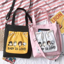 Shopping Bags Canvas Women Shoulder Bag Drawstring Lady Cotton Tote Shopper Cartoon Cloth Eco Reusable Handbag Messenger