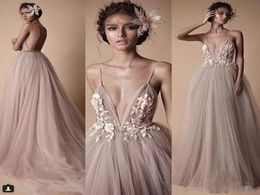 New Berta Evening Wear Formal Dresses Sheer Tulle Lace Floral Spaghetti Sweep Train Backless Holiday Party Prom Dress 20194026068