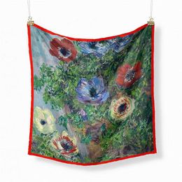 Scarves Monet Oil Painting Anemone Twill % Silk Scarf Fashion Bandana Women Scarf Wraps 53cm Square Scarves Hijab Scarf Neckerchief Q240509