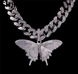 Iced Out Animal Big Butterfly Pendant Necklace Silver Blue Plated Mens Hip Hop Bling Jewellery Gift Whole7739228