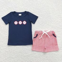 Clothing Sets Embroidered Baseball Navy Blue Short-sleeved Red And White Striped Shorts Set Wholesale Boutique Children Outfit RTS