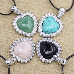 Pendant Necklaces Creative Natural Silver Heart-shaped Skull Set Multi-color Gem Leather Rope Necklace Trend Jewelry Accessories 6Pcs/ Lot