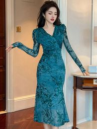 Casual Dresses Women's French Elegant Maxi Dress Blue Elastic Flocking Print Mesh Folds Shoulder Pad Fishtail Robe Party Banquet Club