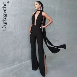 Cryptographic Deep V Wrap Around Halter Sexy Backless Flare Pants Jumpsuits Fashion Outfits for Women OnePiece Rompers Overalls 240510