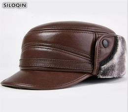 SILOQIN Winter Thick Warm Earmuffs Cap Genuine Leather Hat Men039s Sheepskin Leather Army Military Hat Flat Cap Velvet Dad0396547760