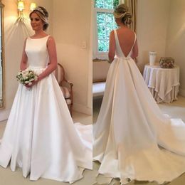 Scoop Neck A-line Satin Wedding Dresses Backless Chapel Train Bridal Wedding Gowns robe de mariee Custom 204V