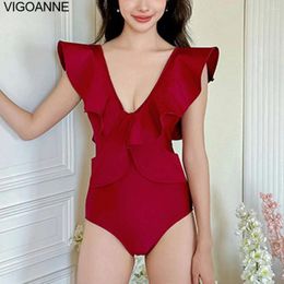 Women's Swimwear VigoAnne Red Verge Strapped Women 2024 Push UP One Piece Swimsuit Korean Sexy Monokini Closed Summer Beach Bathing Suit