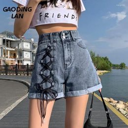 Women's Jeans Gaodinglan High Street Wear Lace Tied Bow Tie Women Denim Shorts Solid Colour Korea Wide Leg Pants Pocket Button Mini