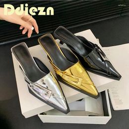 Dress Shoes Footwear Middle Heels Slippers Women Slides In Luxuy Shallow Ladies Sandals Elegant Fashion Female Mules Pumps