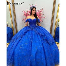 かわいいロイヤルブルーボールガウンQuinceanera Dresses2024ビーズの花アップリケスウィート16プロムパーティーガウンレースアップバック