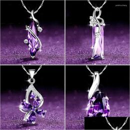 Pendant Necklaces Aesthetic Purple Cz Womens Necklace Marquise/Square/Water Drop/Flower Luxury Fashion Female Jewellery 2024 Drop Delive Otb1S