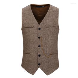 Men's Vests Retro Lapel Chain Wool Tweed Vest Gentleman Herringbone Business Waistcoat For Wedding Groom Outerwear Chaleco Hombre