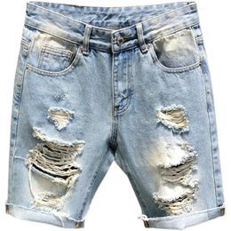 Summer Mens Ripped Denim Shorts Knee Length Jeans Fashion Trend Raw Hem Beggar Pants Light Blue Short Breeches 240430