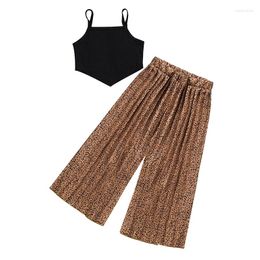Clothing Sets Kids Girls Summer Outfits Solid Color Sleeveless Spaghetti Strap Tank Tops And Leopard Print Wide-Leg Pants 2Pcs Clothes Set