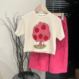 Clothing Sets Kids Girls Two Pieces Cartoon Pattern Pullover T-Shirt High Waist Pitaya Wide Leg Pants 2pcs Chidlren Casual