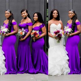 Cheap Sexy Purple Mermaid Bridesmaid Dresses African Off Shoulder Open Back Sweep Train Plus Size Wedding Guest Dress Maid of Honour Gow 231F