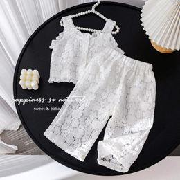 Clothing Sets Summer Korean Kids Girls 2PCS Clothes Set Cotton Thin Lace Jacquard Slip Top Embroidery Hollow Pants Suit Toddler Girl Outfits