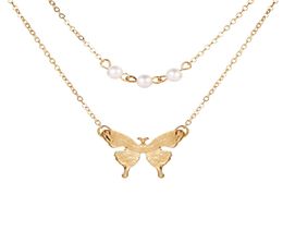 Women Bohemia Doublelayer Imitation Pearl Butterfly Style Pendant Necklace Creative Retro Geometric Clavicle Chain Fashion Jewelr5546131