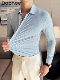 Men's Casual Shirts Spring 2024 Striped Single Row Multi-Buckle Long-Sleeve Slim-Fit Handsome High-End Trendy Business Shirt