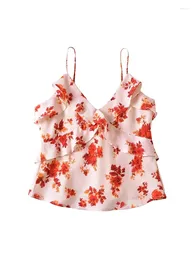 Women's Tanks Girls 2024 Fashion Red Flower Print Sling Chiffon Vest Ladies Summer Elegant Pleated Ruffles Sleeveless Short Tops