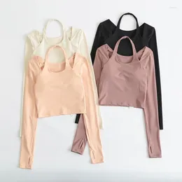 Active Shirts Slim Fit Long Sleeve Crop Top Built In Bra Halter Neck Yoga With Thumb Holes Workout Clothes For Women Athletic Wear