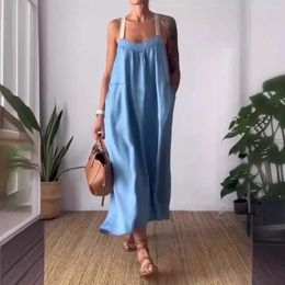 Casual Dresses Summer Fashion Solid Color Dress Women Sexy Square Neck Sleeveless Long Loose Strap