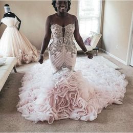 2020 Plus Size Mermaid Dresses Beads Appliqued Tiered Skirts Trumpet Bridal Beach Vintage Bespoke Wedding Gowns M35 0510