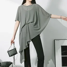 Women's Blouses Chiffon Shirts For Women Vintage Oversized O-neck T-shirts Half Sleeve Irregular Design Casual Korean Style Blouse Tops
