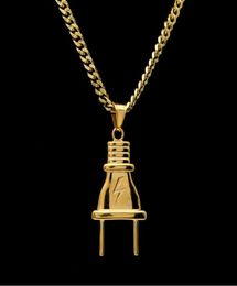 14K Gold Plated Mens Hip Hop Lighting Plug Pendant Necklace with 70cm Long Cuban Link Chain Jewelry4561558