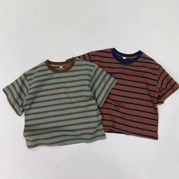 T-shirts Childrens summer striped T-shirt boys cotton zipper top casual and simple T-shirt girls Versatile high-quality organic cotton topL2405