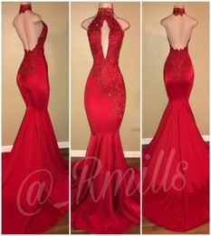 2019 Halter Backless Long Prom Dress Mermaid Appliques Lace Formal Holidays Wear Graduation Evening Party Gown Custom Made Plus Si7592378