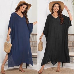 Beach Cover Ups For Swimwear Women Summer Long Dress Short Sleeve Solid Swimsuit Coverup Black V Neck Sarong Beachwear