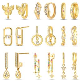 Stud Earrings Pandach 925 Silver Colour Butterfly Star Earring For Women Gold Shiny Zircon Daily Wear Jewellery Anniversary Gifts