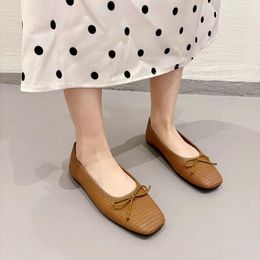 Casual Shoes Brown Flat Women Square Toe Bow Ballet Flats Black Loafers Heel Shoe For Girls Chaussures De Femmes