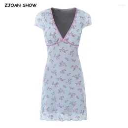 Casual Dresses 2024 Sexy Light Blue Flocking Flower Bow Binding Deep V Neck Mesh Mini Dress Woman Short Sleeve Package Hips Party Robe