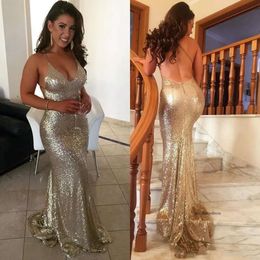 Fabulous Mermaid Champagne Sequin Prom Graduation Gowns Deep V Neck Formal Evening Party Dresses Spaghetti Customise 0510