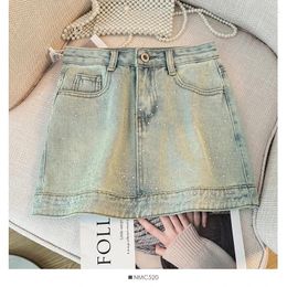 Skirts Sweet Jeans Mini Skirt Zipper High Waist A Line Short Denim Sequins Maxi Size Bling Vintage With Pocket Drop