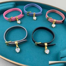 Charm Bracelets 2022 Vintage Gold Colour Steam Punk Hip-Hop Design Jewellery Black Leather Bracelet Heart Crystal Screw Top Luxury Drop Dh0Pm