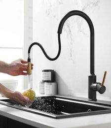 Knurling Pull Out Kitchen Faucet Matt Black With Brushed Gold Mixer Cold Deck Mounted Kitchen Sink Water Tap Brass Faucet4232683