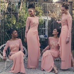 Pink Long Sleeve 2017 Beaded Lace Top Chiffon Prom Party Pick-Up Bridesmaid Gowns Evening Dresses Bateau Halsring 0510