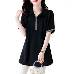 Women's Blouses Summer POLO Collar Fashion Short Sleeve Shirt Women High Street Casual Loose Pullovers Pleated Elegant Chic All-match Tops