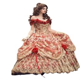 Eleagnt Red Gold Lace Quinceanera Dresses 2024 With Florlas Mediaeval Fantasy Fifteen Birthday Dress Masquerade Vestido De Xv Anos Debutante Vintage Charro Party