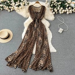 Summer Leopard Print Sleeveless Jumpsuit Women Casual Loose Rompers And Playsuits Wide Leg Pants Overalls Female Outfit 240426